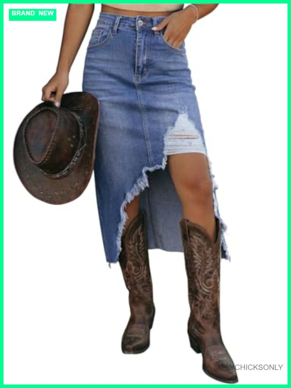 High Waisted Distressed Denim Midi Jean Skirt Button Front Ripped